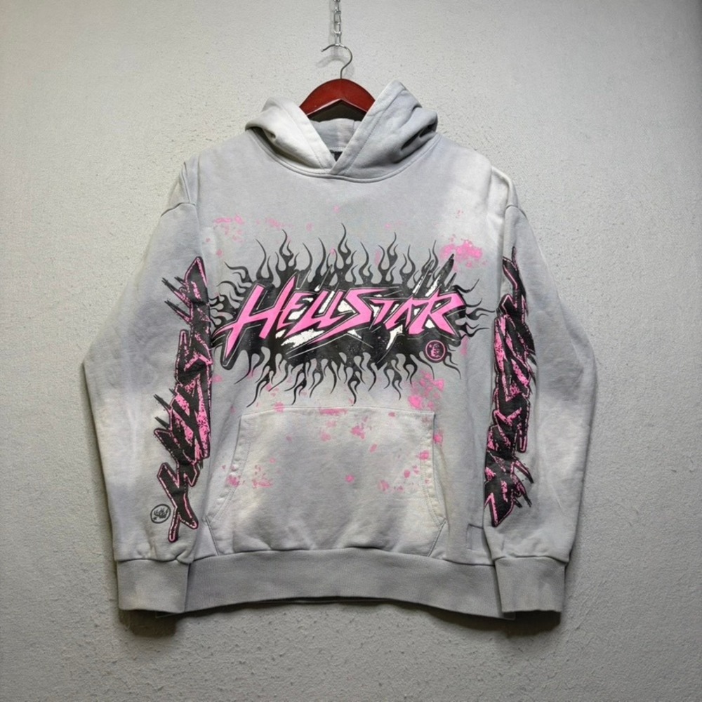 Hellstar Hoodie Mens Small Grey Pink Flame Graphic Splatter Y2K Streetwear